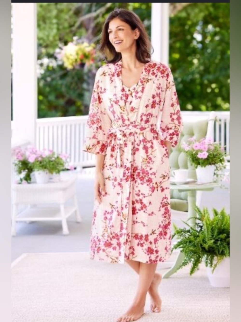 Ella Simone 100% cotton kimono robe pink hummingbird cherry blossom print 1X